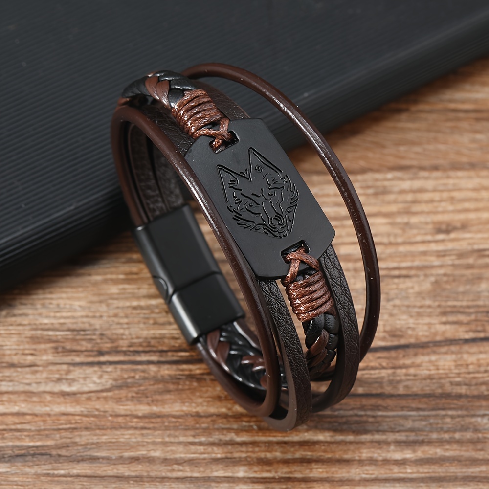 Men's Wolf Head PU Leather Bracelet Casual Jewelry