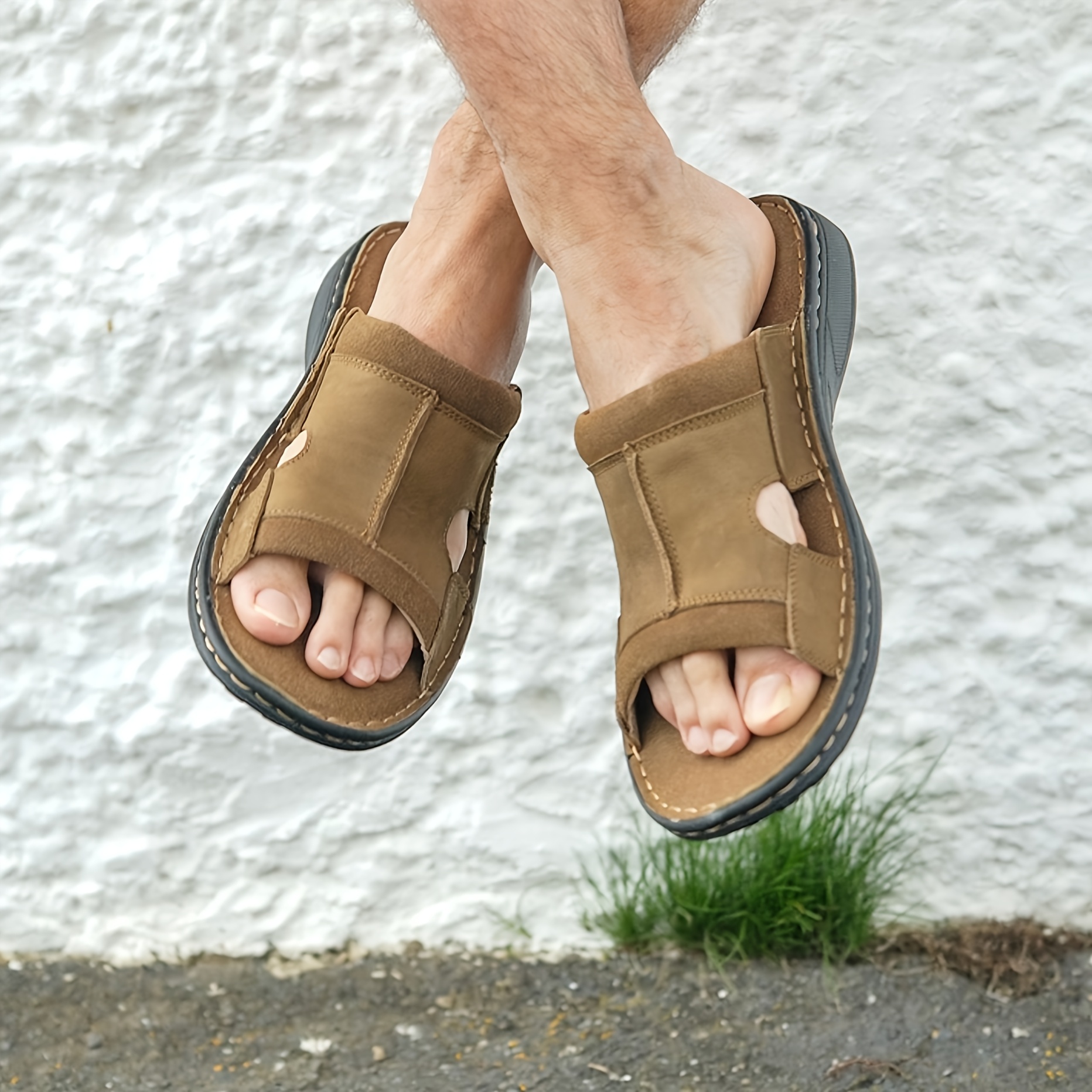 mens leather slide sandals lightweight Temu