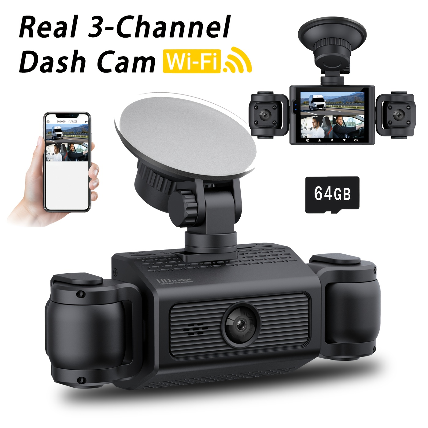 Bcuoz 3-lens Wifi 1080p Full Hd Safety Dash Cam Kit, 1080p Front And 720p With 2.4" Ips Display, With 64gb Memory Card, Loop Recording, Vision