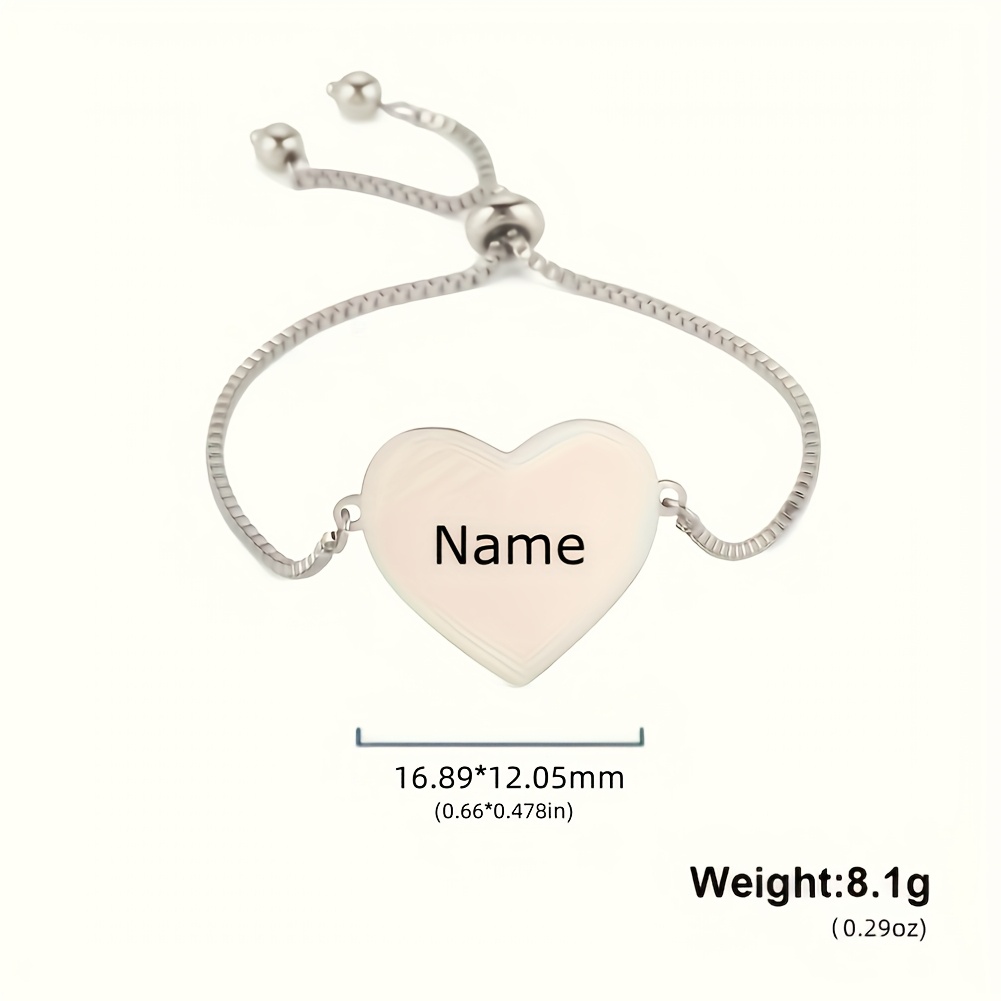 TEMU 1pc Bohemian Style Personalized Engraved Name And Date Heart Pendant Stainless Steel Chain Bracelet Elegant Holiday Gift Customizable Family