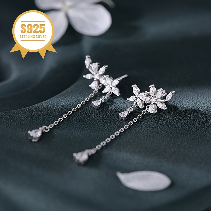 925 Sterling Silver Flower Dangle Earrings, Low Allergy