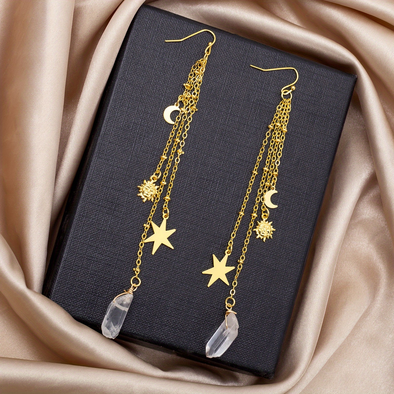 TEMU 1pc Chain Celestial Quartz Earrings, For Gifts