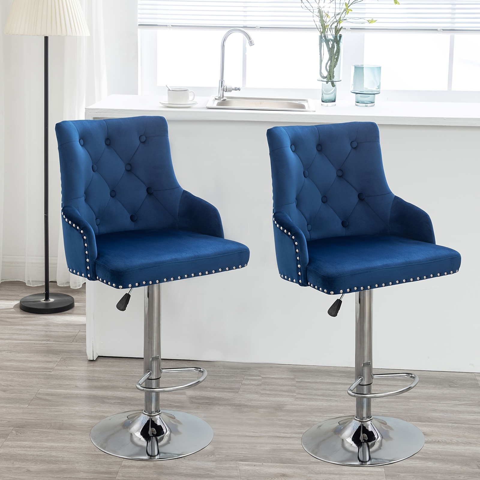 

Bar Stool Blue/ Silver Set Of 2 Adjustable With Backrest, Counter Height Swivel Stool Upholstered Modern Barstool Chair Chrome Base For Kitchen, Home Bar, Dining Room