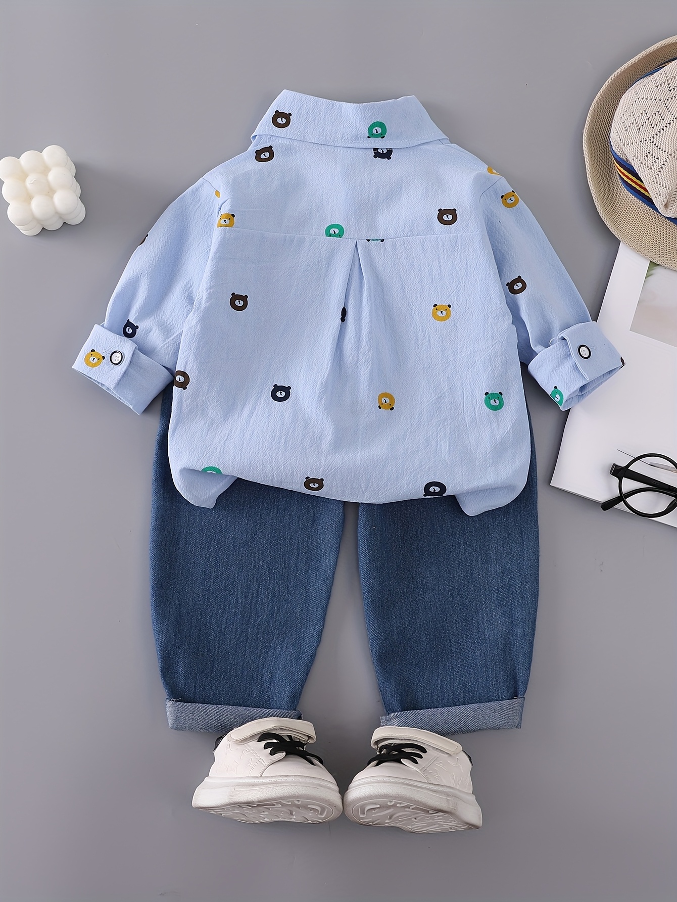 boys print outfit with a bear pocket long sleeve shirt and denim pants featuring a full button design for outdoor Product details 14