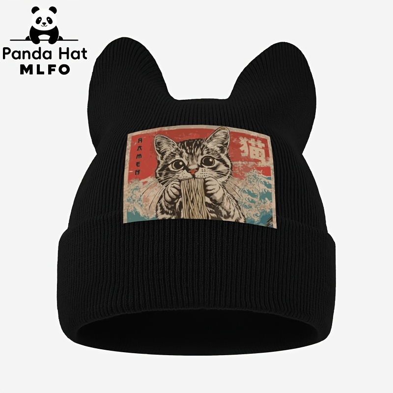 TEMU 1pc, Bonnet Tricoté Oreilles de Chat avec Impression Chat Mange des Noodles - Tendance, Rétro et Chaud, Chapeau d'Automne/Hiver Bordure, Parfait