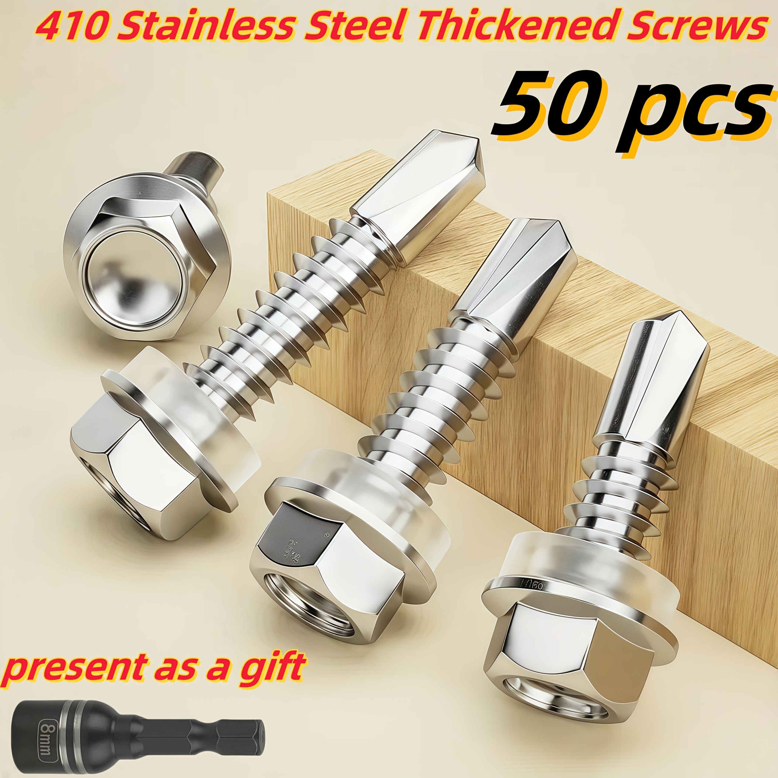 50 piezas de tornillos autoalineantes de acero inoxidable 410 con cabeza de llave hexagonal TEK, con alojamiento gratuito, 5 mm de rosca gruesa para metal/muebles, magnéticos, rosca completa de mano derecha (19 mm-50 mm/0,75"-2"), unión de hardware en lotes