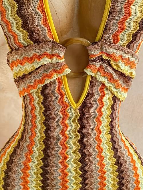 womens retro chevron striped halter v cutout bodycon romper shorts summer beach vacation playsuit