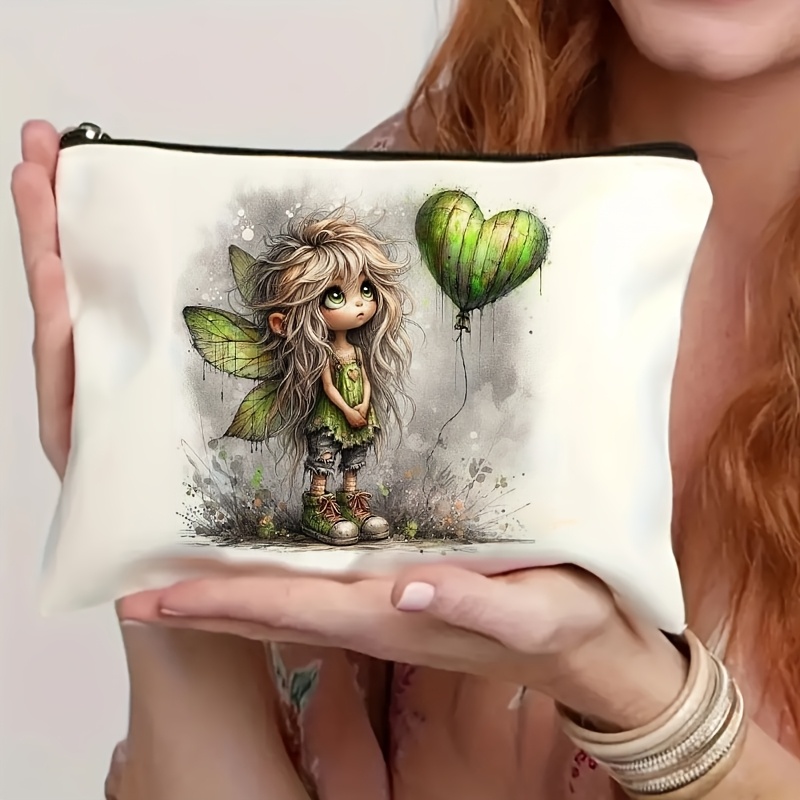 TEMU 1pc, Cute Love Balloon Wings Girl Pattern Makeup Bag, Lightweight Foldable Travel Storage Bag, Double Sided Printed Makeup Bag, Multi Functional