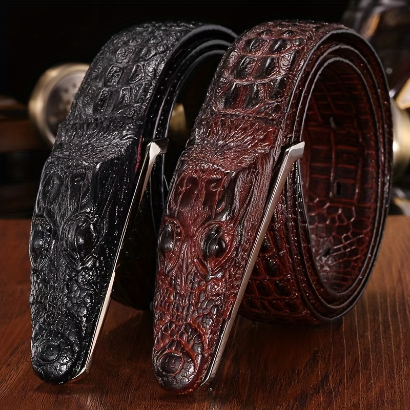 

2-pack Men's Genuine Leather Belts, With Crocodile Pattern, Smooth Cowhide Straps With Alloy Animal