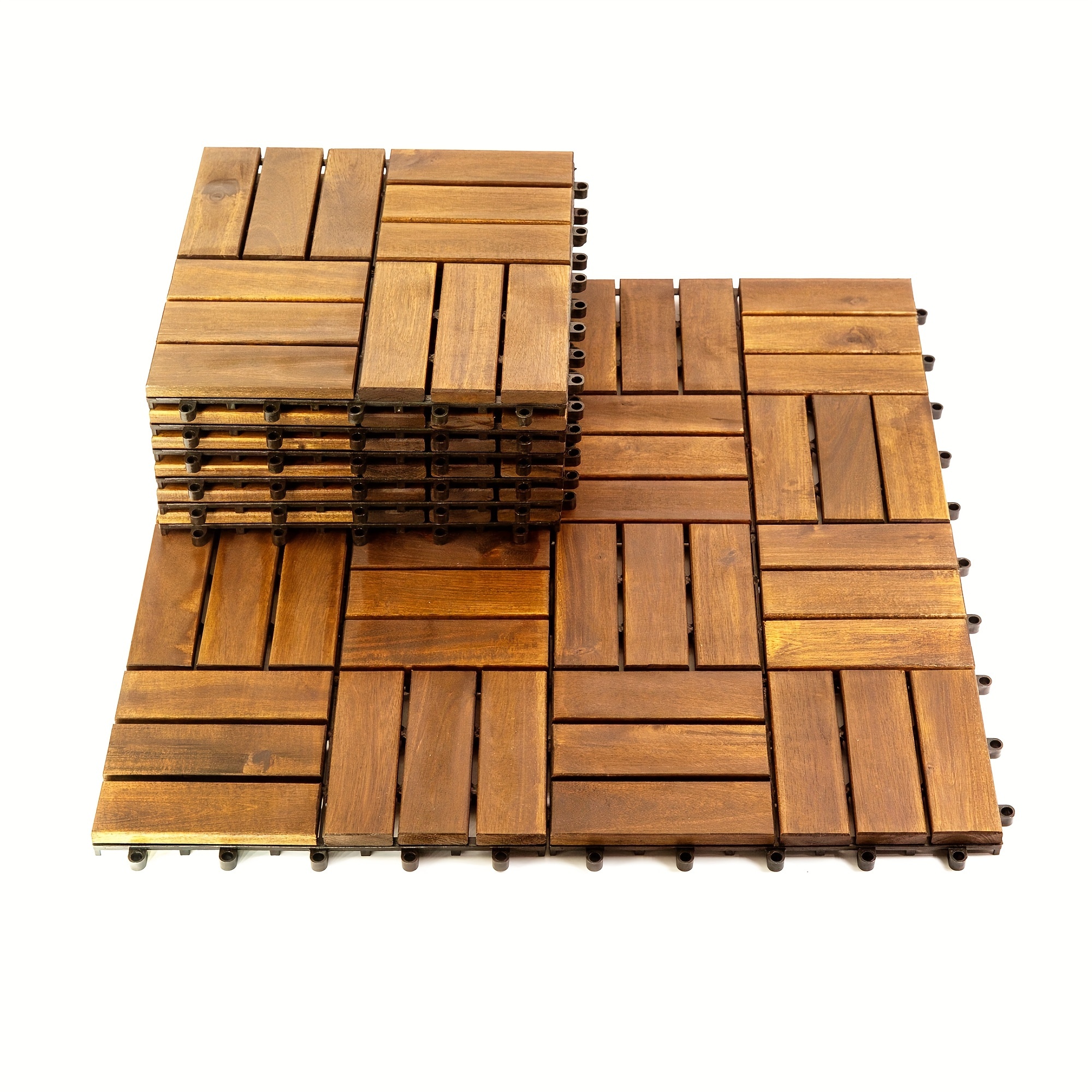 

10pcs/30pcs 12 Inch X 12 Inch Acacia Wood Interlocking Flooring Deck Tile Checker Pattern Brown 12 Slats
