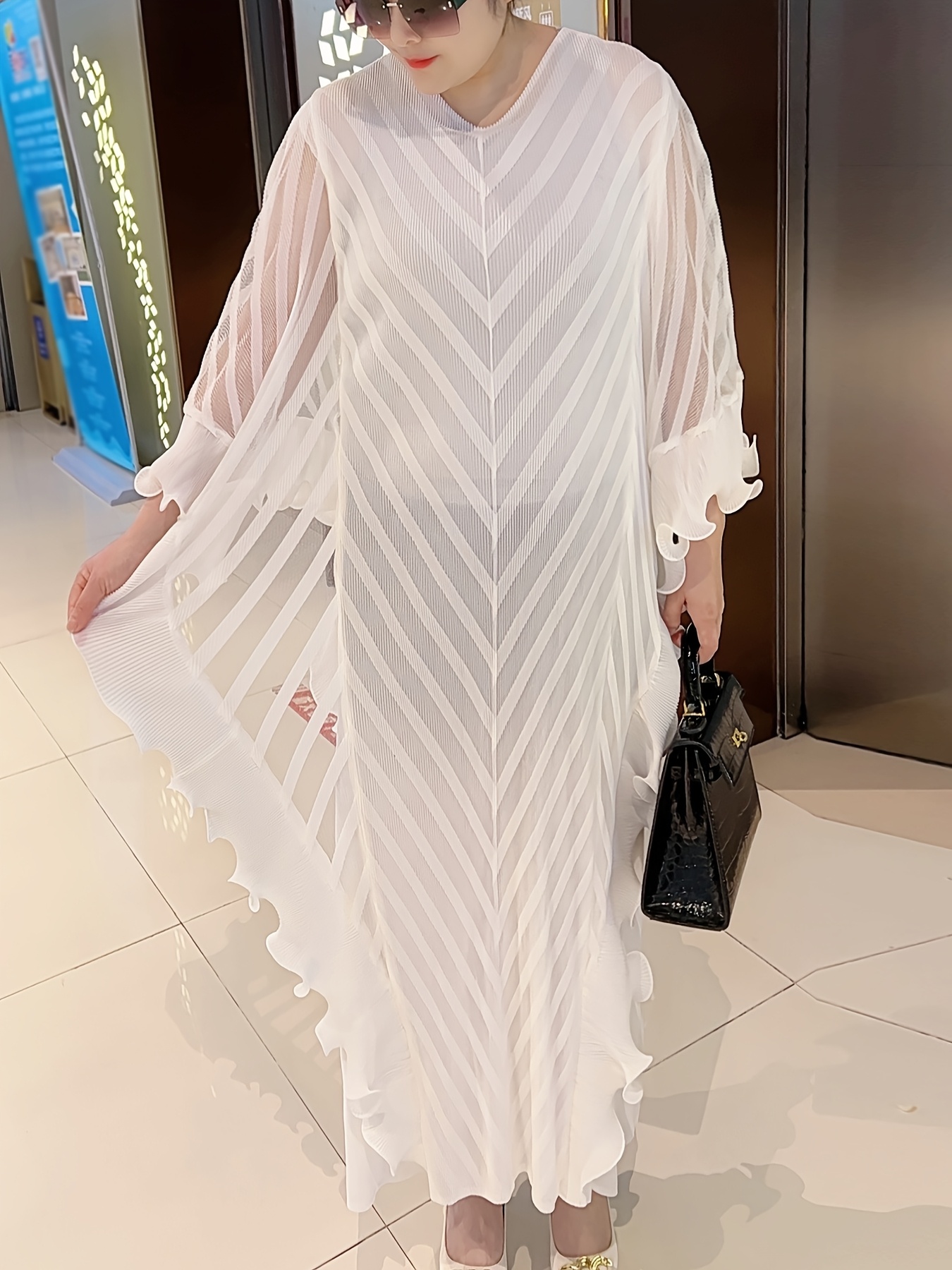 Plus Size Elegant Pleated Maxi Dress - White, Long Sleeve, V-Neck, Asymmetrical Hem, Petal Sleeve Design, Stylish and Comfortable for All Seasons, Allseason Dress|Elegant Pleated Dress|Stretchy Fabric