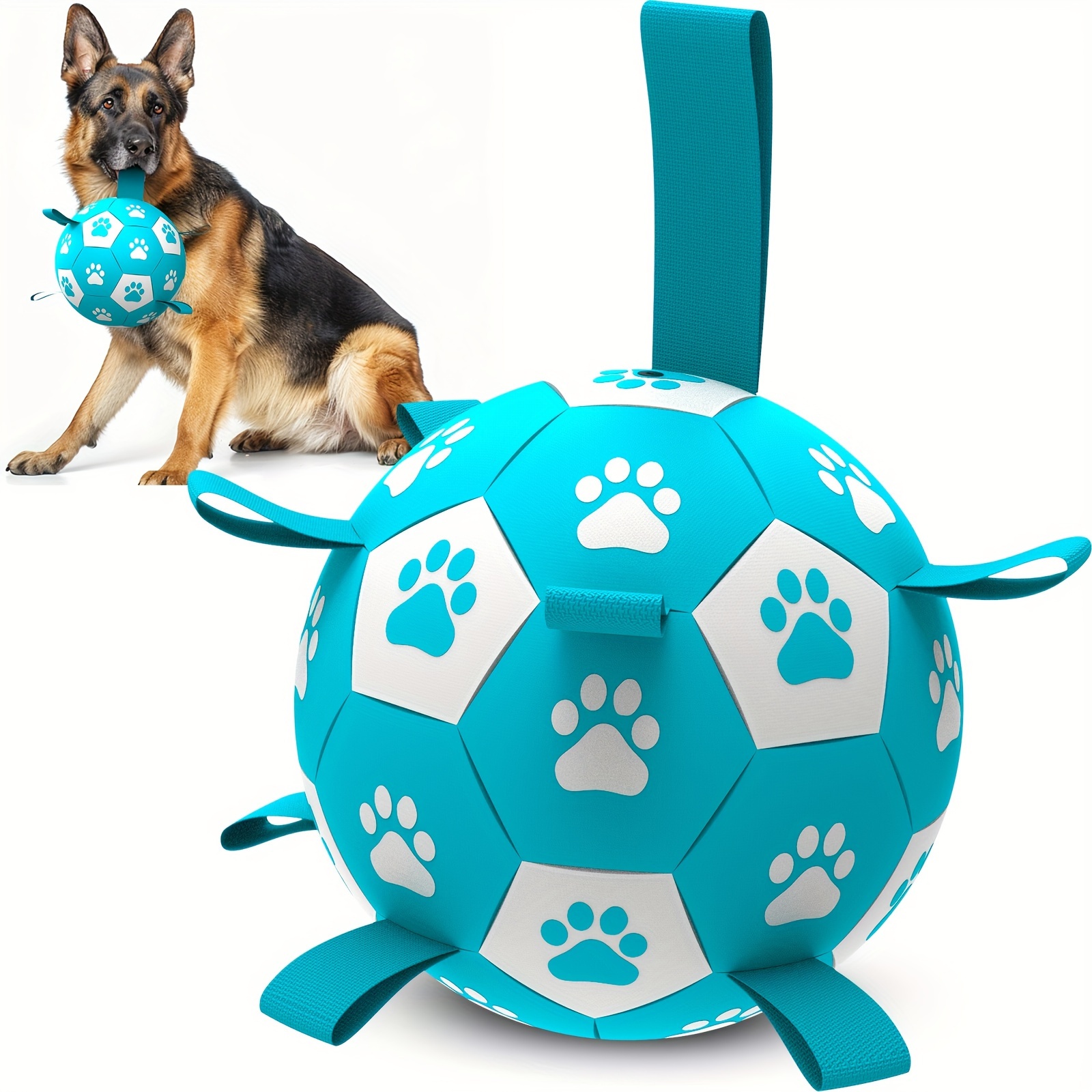 

Rucacio Interactive Dog Soccer Ball With Straps - Durable, Bouncy & Water-friendly Toy For All Breeds - Blue & White Paw Print Design Dog Ball Toy Dog Toy Ball