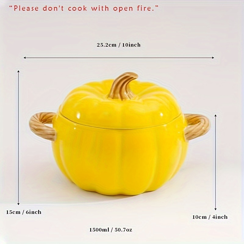 Image of A Set Of Ceramic Pumpkin-shaped Dutch Oven Pots With Lids, Perfect For Halloween Desserts And Baking, Featuring A Cute Pumpkin Design And A Capacity Of 50 Ounces