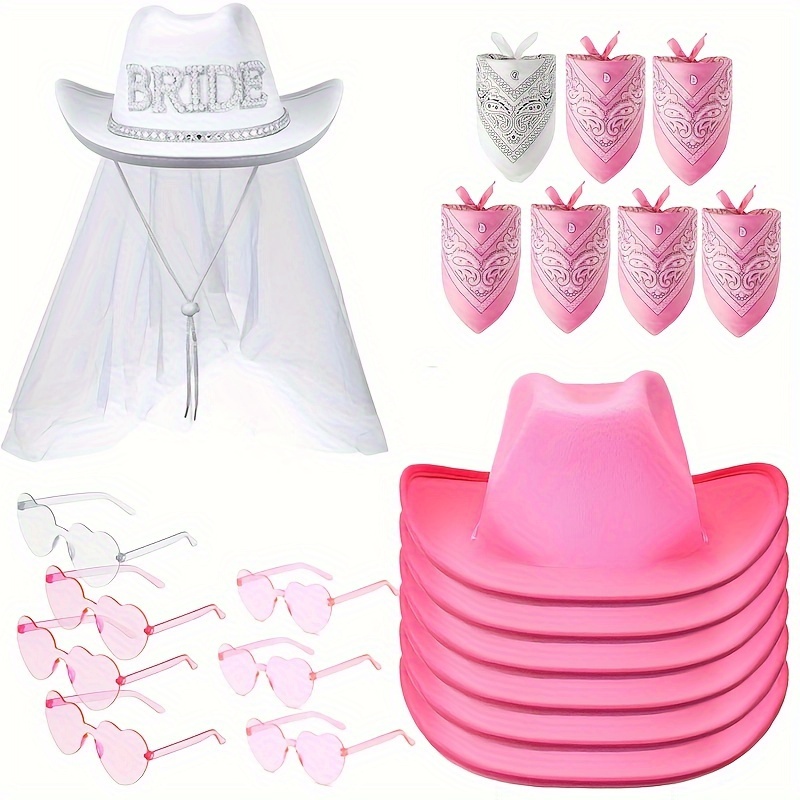 

Set, New 14 Pieces Bride Cowboy Hat With Veil And Belt Bachelorette Party Set 7 Pieces Bridal Cowboy Hat With Veil And 7 Pieces Satin Belt For Women Wedding Bridal Shower Engagement Decor,