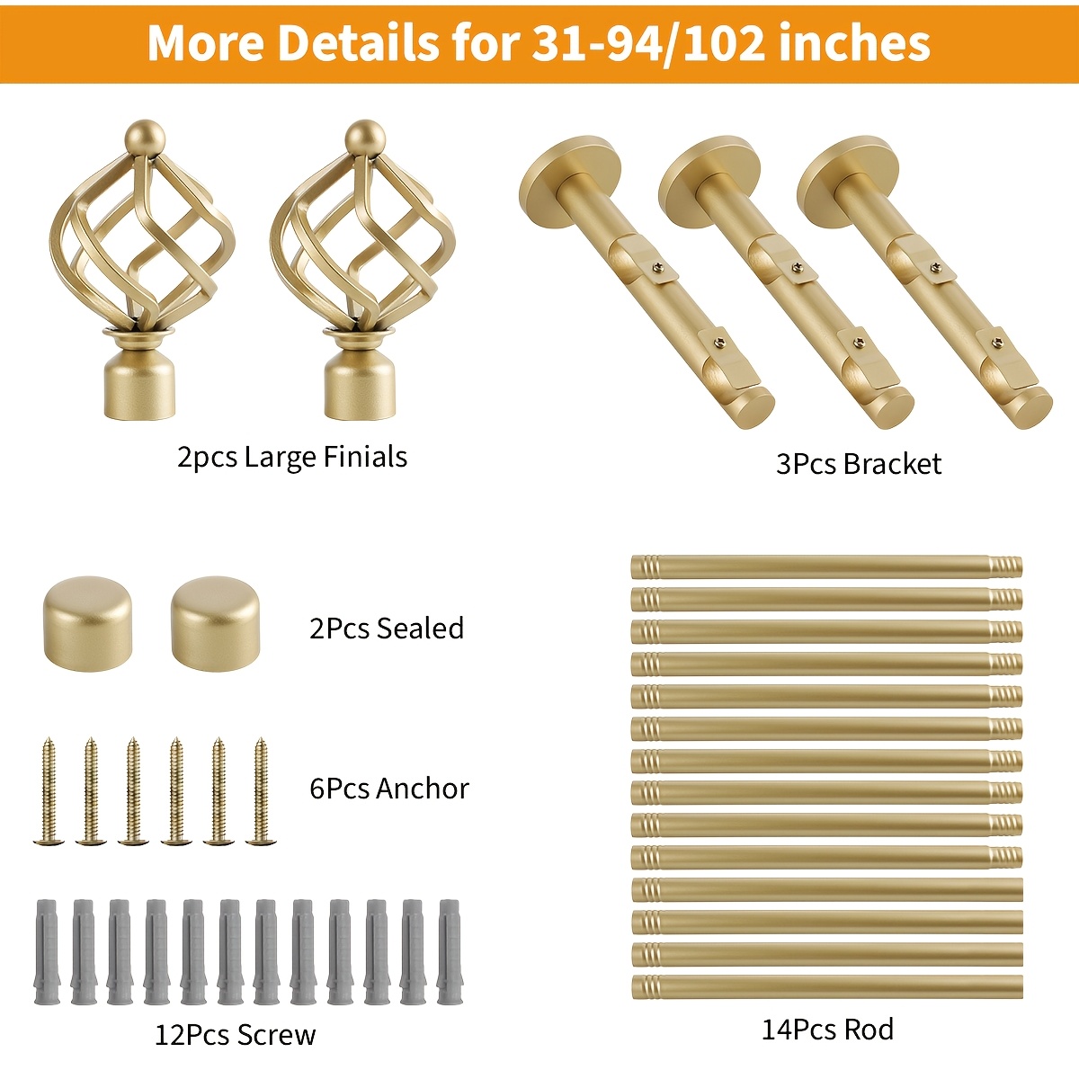 Image of Geometric Double Curtain Rod, Wall Mounted, Adjustable Length, For Living Room And Bedroom - Golden