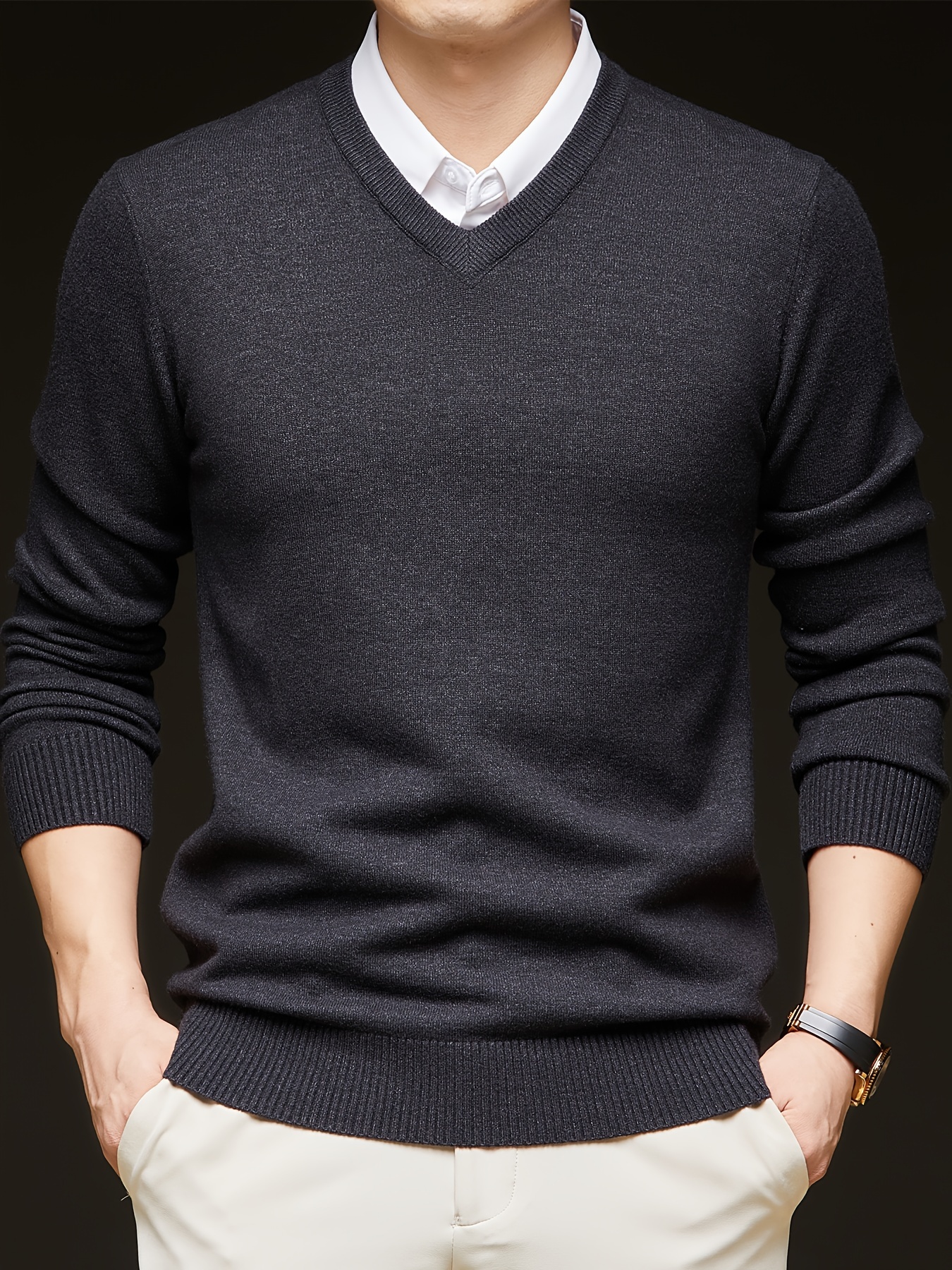1pc mens casual v neck wool blend sweater 400g thickened solid color knit pullover for autumn winter regular fit long sleeve top with no belt detail dark grey 2