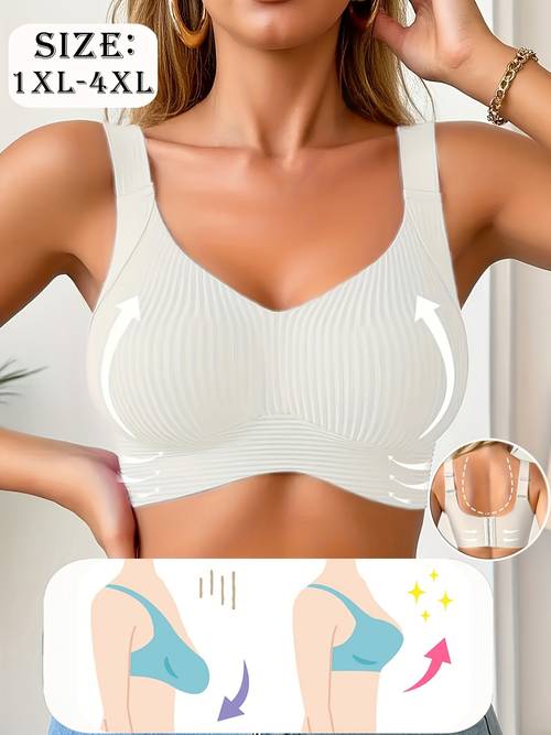 solid color womens plus size seamless striped bra push up bra small bust effect soft supportive wireless bra high elastic fabric wireless design