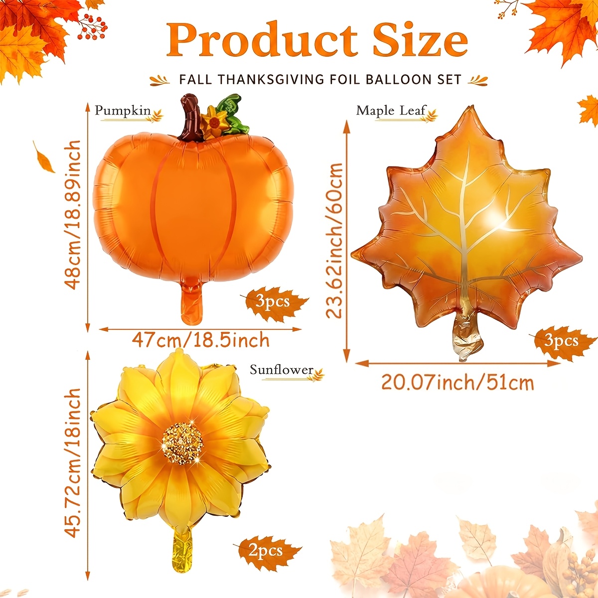 TEMU 8pcs Themed Foil Balloon Set, Includes Pumpkin, Maple Leaf, And Sunflower Balloons, Suitable For Thanksgiving Parties, Family Gatherings, Autumn