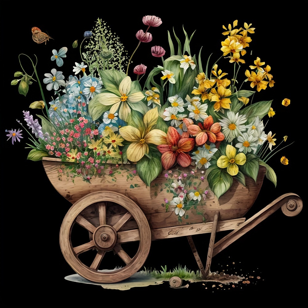 

1pc Vintage Wheelbarrow Garden Cart Floral Heat Transfer Patch, Mixed Color Vinyl Iron-on Decal For Diy T-shirts & Clothing, For Garment Decoration