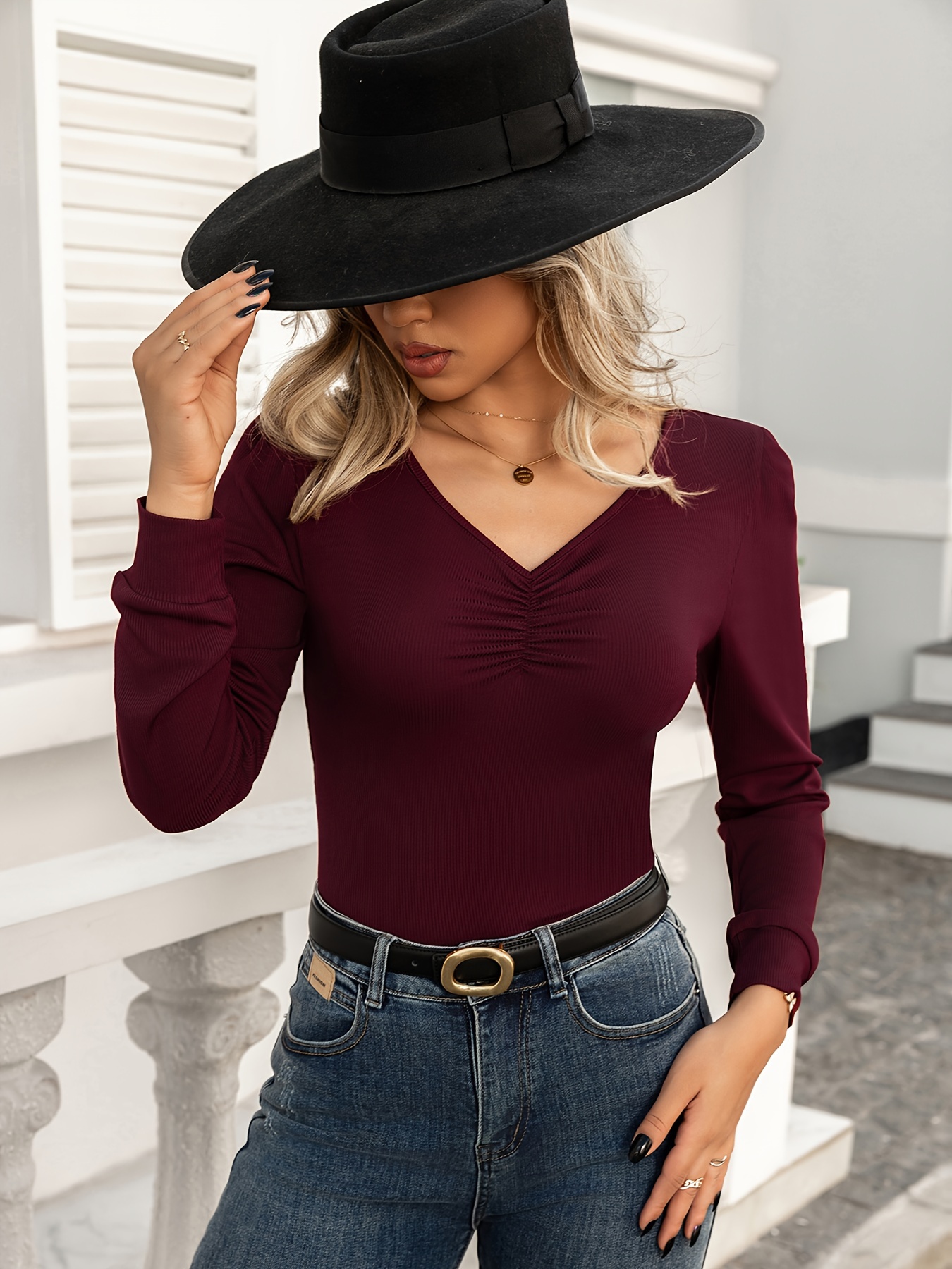 burgundy shirt womens outfit