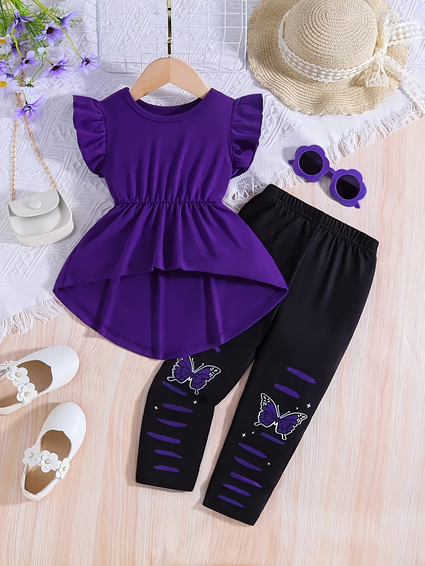 2pcs, Ruffled Sleeve Round Neck T-Shirt And Butterfly Pattern Pants Set, Versat…
