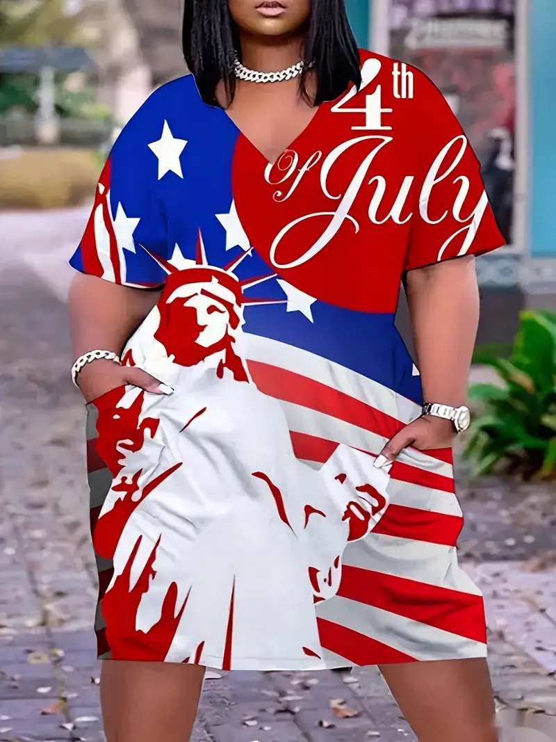 Women'S Plus Size Casual Tunic Dress with Pocket, Patriotic American Flag Print, V-Neck, Short Sleeve, Knit Polyester Blend, Midi Length * Weekend Casual Wear Women'S Plus Size Casual Tunic Dress with Pocket, Patriotic American Flag Print, V-Neck, Short Sleeve, Knit Polyester Blend, Midi Length * Weekend Casual Wear