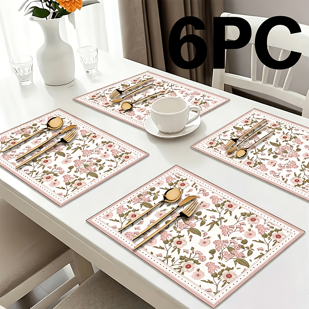 TEMU Square Heat-resistant Vinyl Placemat - Elegant Pink Floral Pattern Rounded Corner Table Mat, 11.8x17.72 Inches, Christmas And Everyday Kitchen