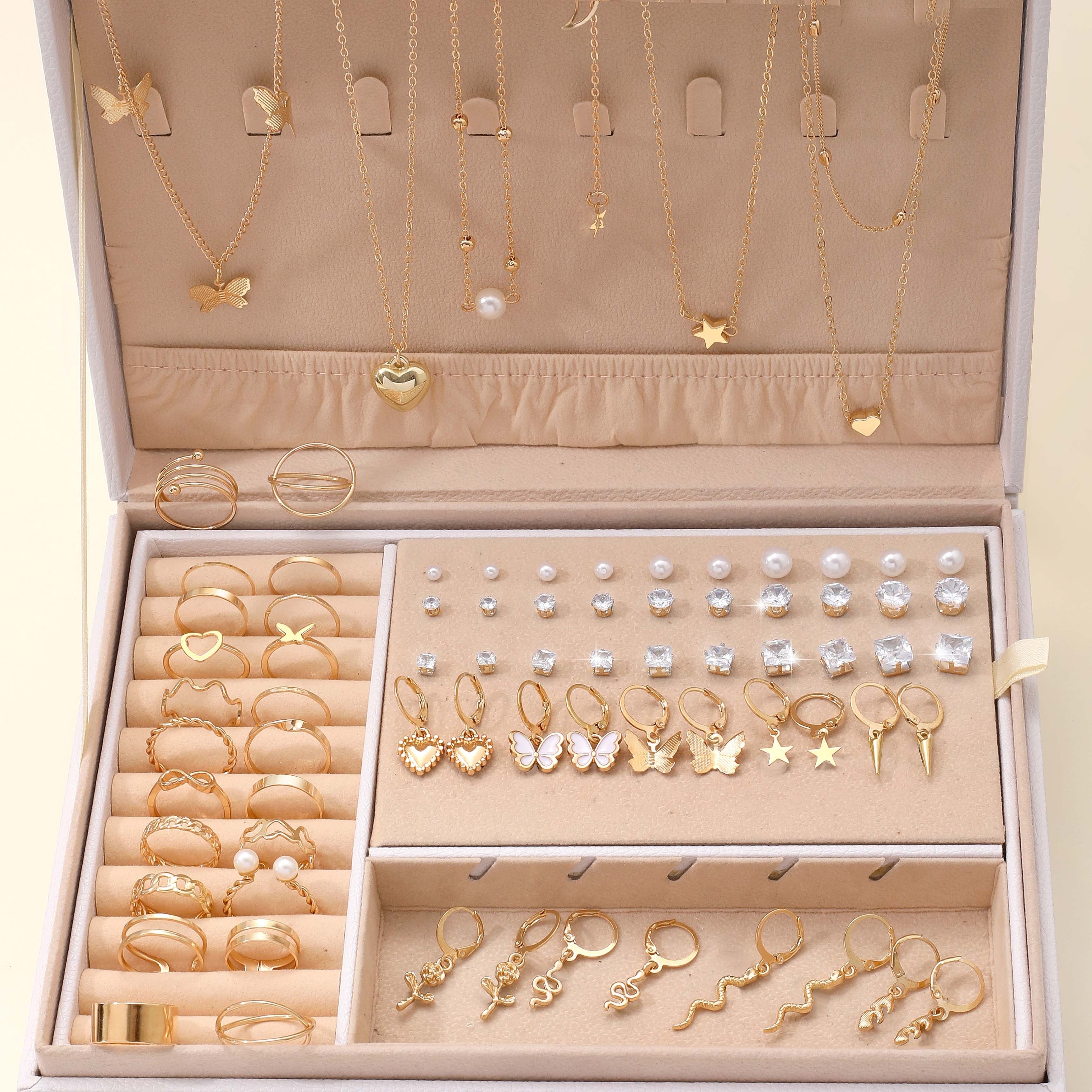

Elegant 76-piece Faux Jewelry Set For Women, Butterfly & Heart Necklaces, Zirconia Earrings, Hollow Rings, Fashion Accessories For Daily Wear, Commute, Dates, Vintage & Sexy Styles (box Not Included)