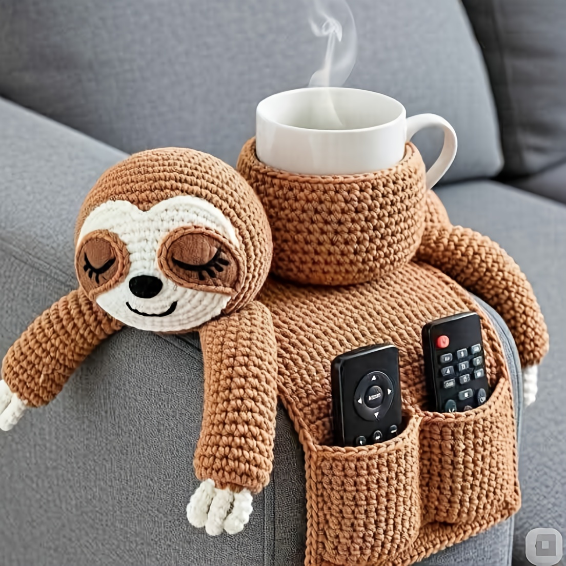 Diy Crochet Kit For Beginners - Cute Sloth Sofa Armrest Organizer - Handmade Armrest Caddy With Cup Holder & Pockets For Remote & Phone - Complete Yarn & Hook Set, Not A Finished Product