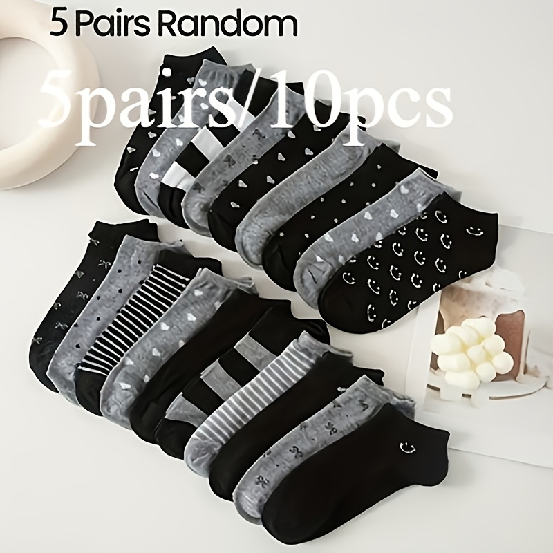 TEMU 5 Pairs/10pcs Women's Short Socks - Striped And Polka Dot Heart-shaped Geometric Patterns, Breathable Low-cut Casual Sports Socks, Black Gray Versatile For All , Cute And Soft Texture