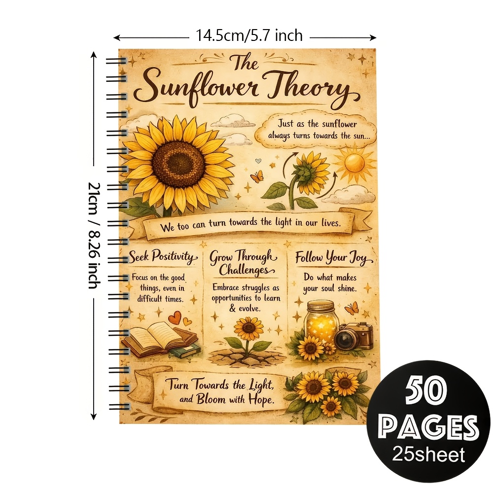 TEMU 1 Pack The Sunflower Inspirational Spiral Notebook, Vintage Paper Sunflower Positive Quote Print Journal, For Daily Mood Diary Self Growth Notes