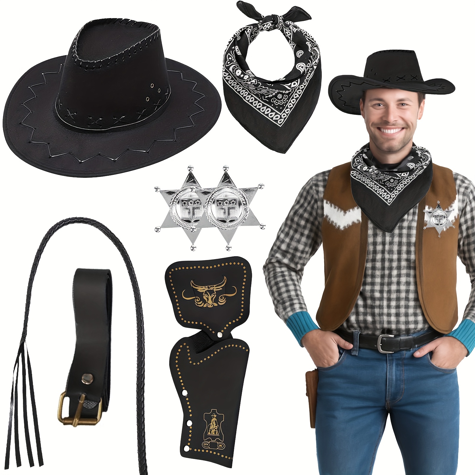 Costume Cowboy 10 Pièces Pour Homme – Chapeau, Bandana, étui, Ceinture, Pistolet, Badges – Soirée Western, Carnaval, Halloween !