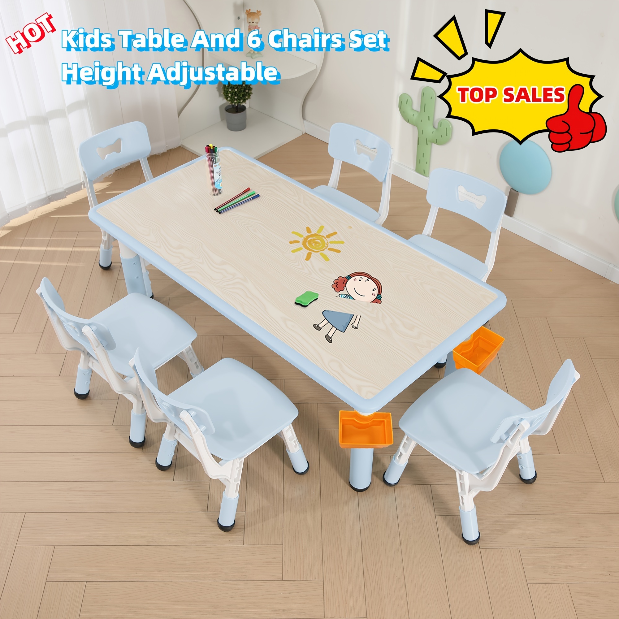 

Kids Table And 6 Chairs Set Height Adjustable, With 2 Storage Boxes, 12 Pens, Toddler Table And Chair Set, Graffiti Desktop, Pens, Non-slip Legs, Activity Table, As , Chrismas Gift