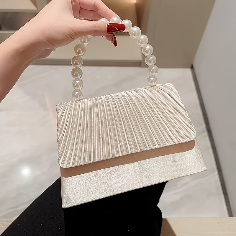 E-shop Neue Satin Clutch Perlenreif Handtasche Kleid Abendtasche Elegante Plissee Flap Tasche Kleine Quadratische Tasche, Sehr Geeignet für Hochzeiten,