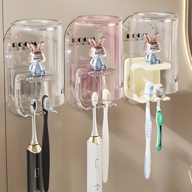 

1pc Cartoon Bunny Toothbrush Holder With No-drill Mouthwash Cup, Wall-mounted Draining Rack, Bathroom Storage Rack For Electric Manual Toothbrushes, Plastic, Easy Installation