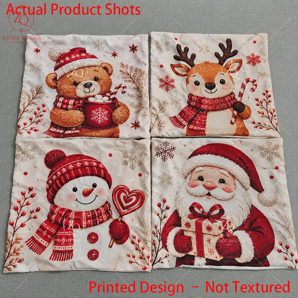 TEMU Printed Design – Not Textured 4pcs Christmas Style Snowman, Santa Claus, Bear, Reindeer Themed Decorative Home Pillowcases, Suitable For Living