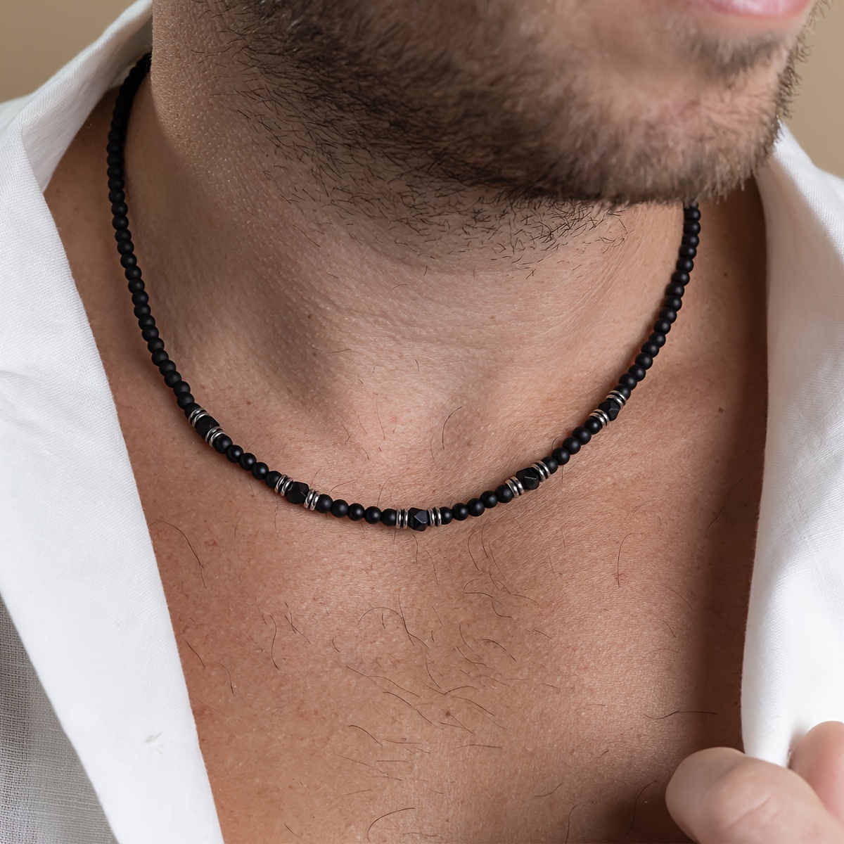 

1pc Black Frosted Beaded Necklace Jewelry, Men's Hip Hop Accessories
