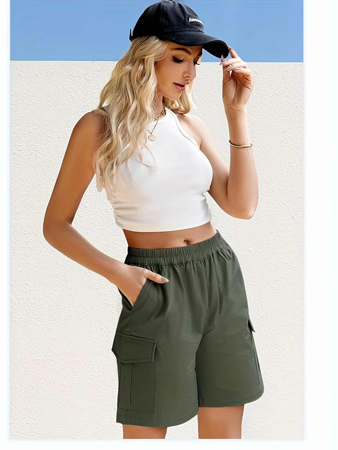 womens olive green cargo shorts knee length casual loose fit