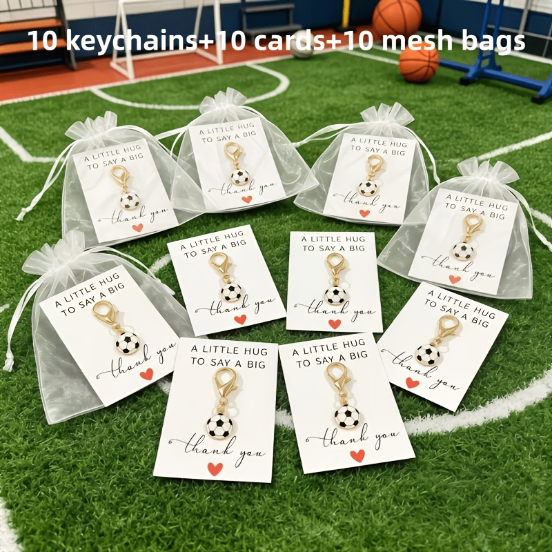 TEMU 30pcs/10 Sets Soccer Keychain Set, With 10pcs Keychains/10pcs Thank You Cards/10pcs Bags, Soccer Pendant Lobster Clasp Keychains, Suitable For