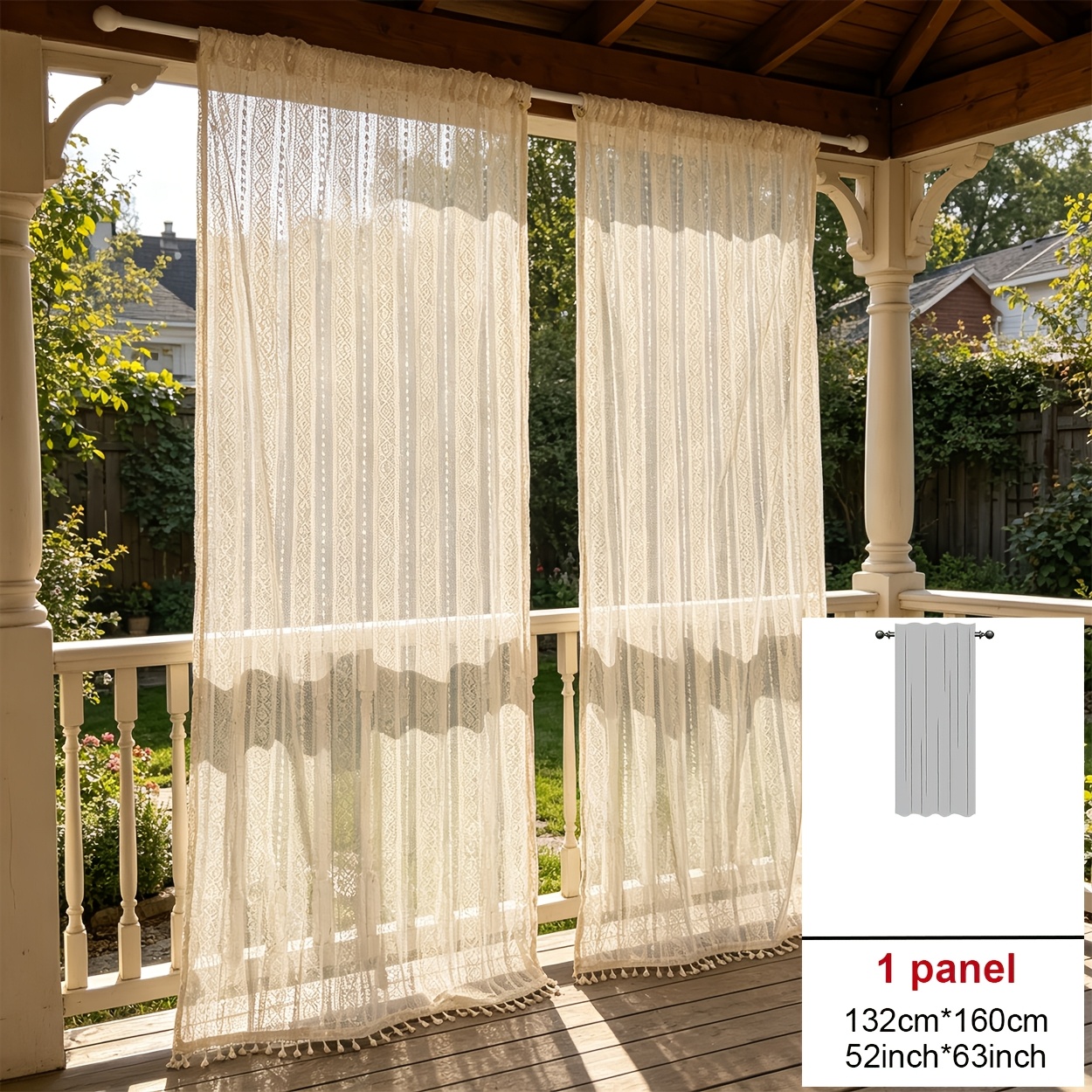 Image of 1pc Bohemian Hollow-out Sheer Curtain, Lightweight Breathable Fabric With Tassel Lace Top Rod Pocket Hanging, Fashionable Bohemian Style, Light Filtering, Perfect For , Gazebos, , And Outdoor Spaces