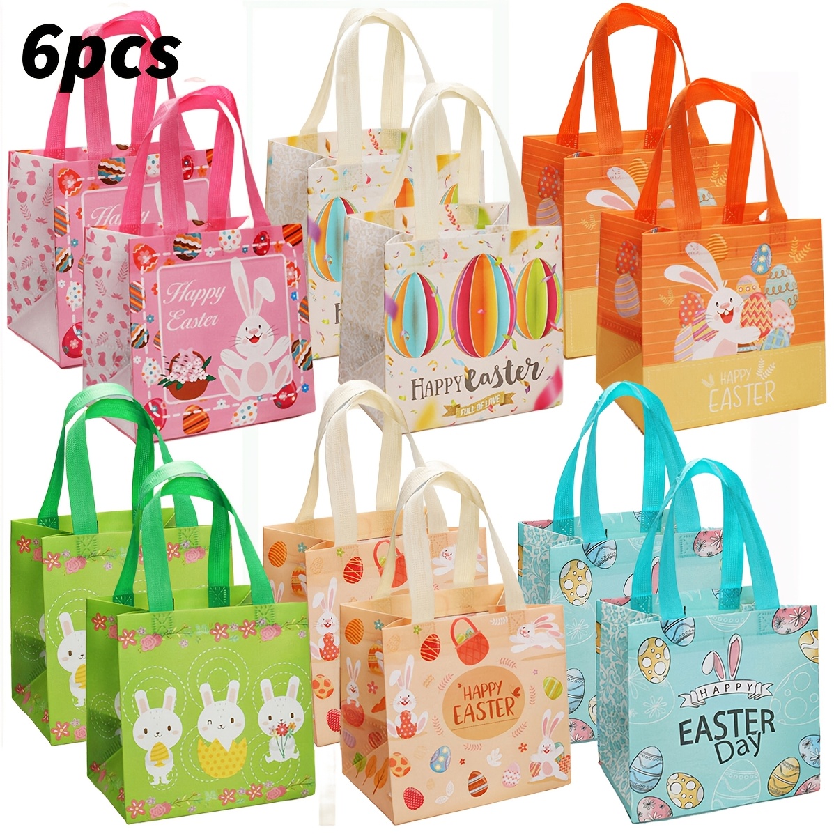 Image of Gift For Her/him 6/ 12pcs Easter Bags, Easter Baskets With Handle Gift Bags Reusable Non-woven Tote Bags For Easter Holiday Spring Party Supplies Open Size 7.9x5.9x8.2inch