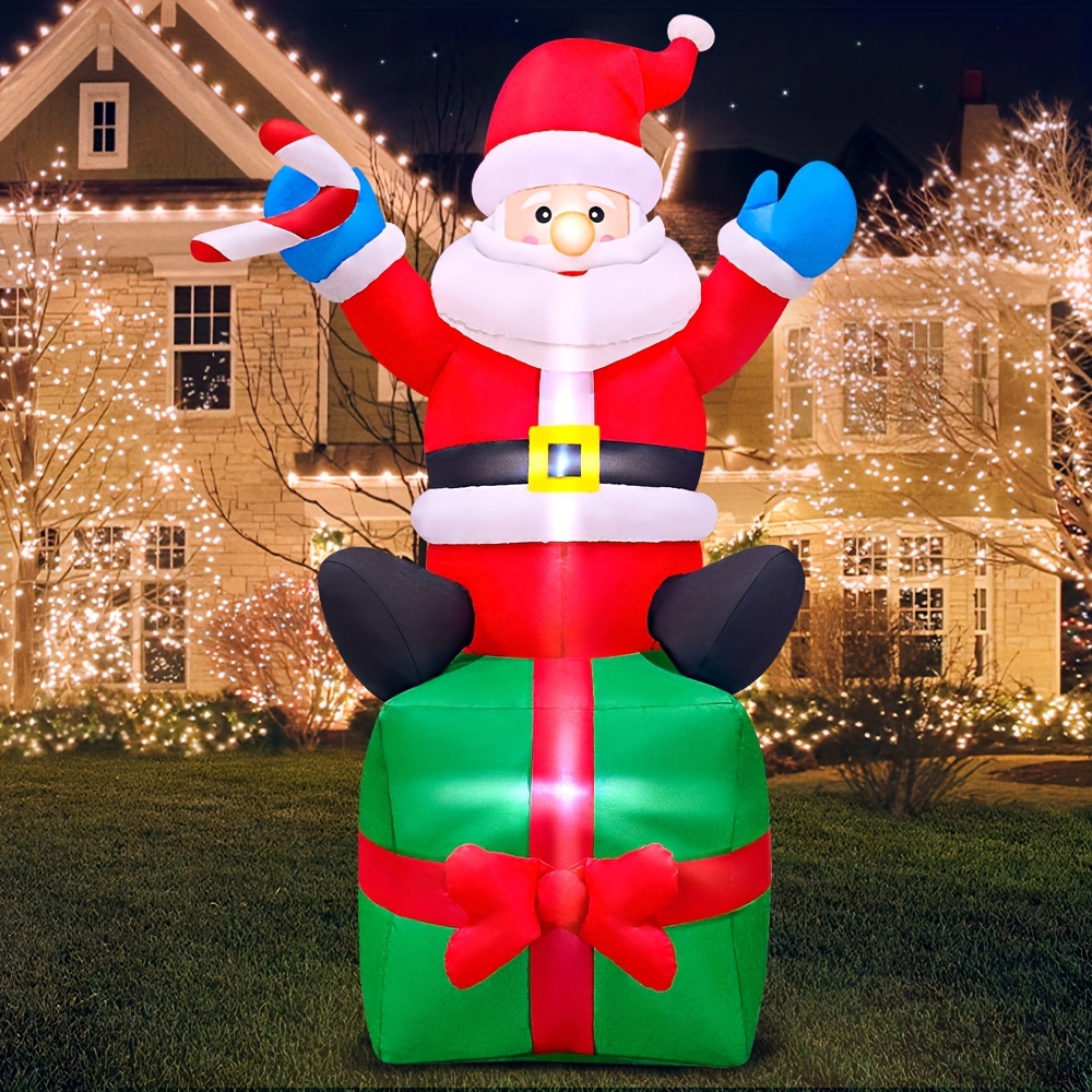 

6ft Christmas Inflatables Santa Claus Sitting On Gift Box, Outdoor Lawn Décor Christmas Decoration, Christmas Blow Up Yard Decoration, Led Lights For Christmas Party Holiday