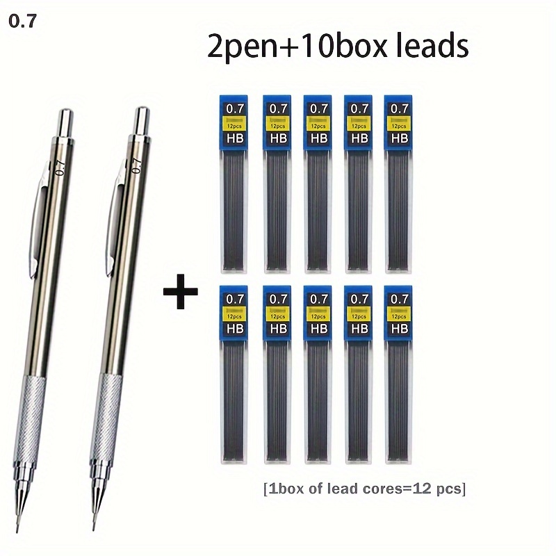 

2+10pcs Metal Mechanical Pencils 0.3 0.5 0.7 0.9 1.3 2.0mm Retractable Tip Sketching Automatic Pencils With Refills Stationery Set