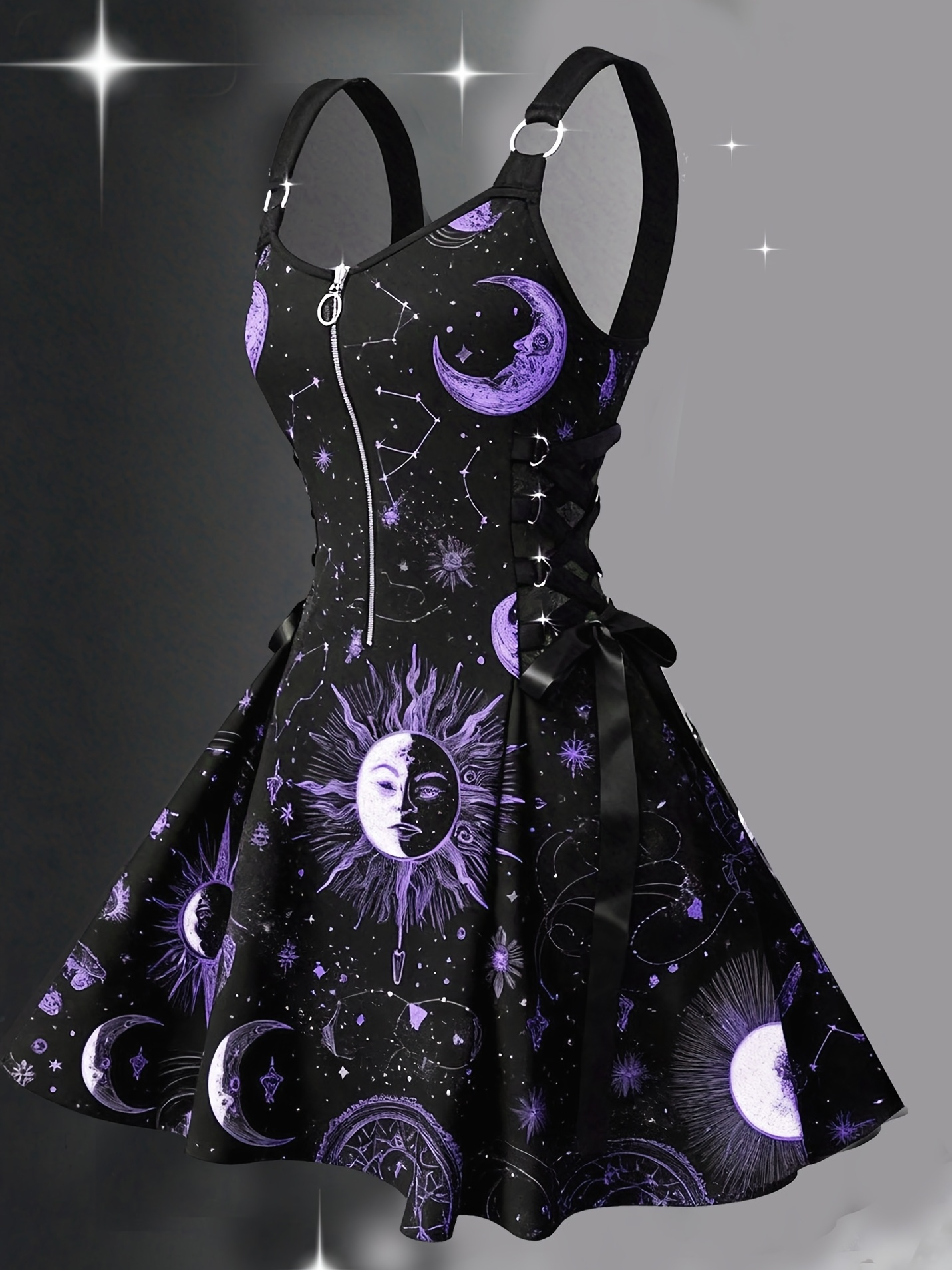 Mysterious Interstellar Star And Print Women'S Dress Youthful And Stylish, Perfect for Music Festivals And Parties. Featuring a Zippered V-Neck, This Charming Dress Is Ideal for Enthusiasts of Interstellar Themes And Punk-Style Aesthetics