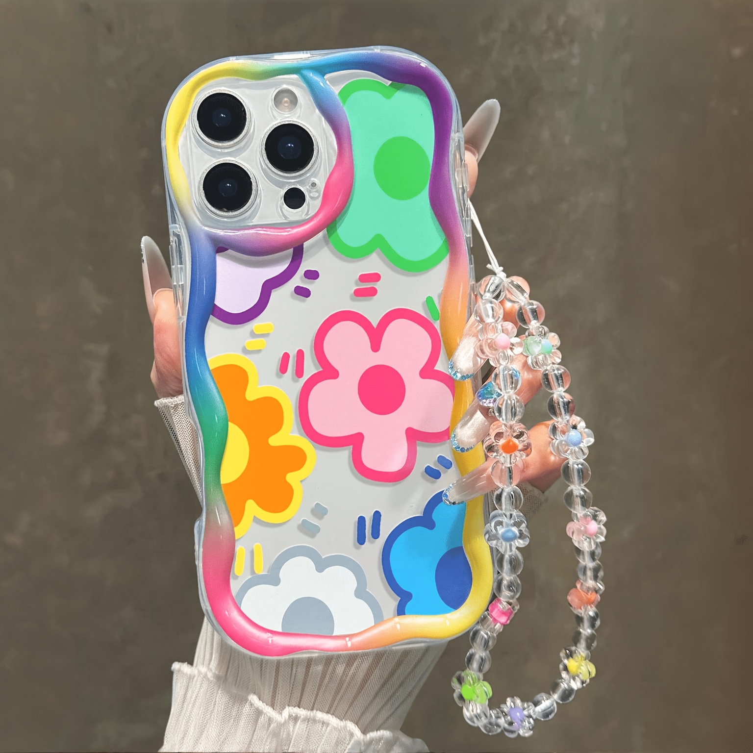 Phone Case: Vibrant Doodle Flower Phone Case, Wavy Edge Cushion Protection, Anti-drop, Slim Fit, Luxury Grip, Chic Aesthetic Shell, , For Family, , Case, No Bracelet, For Iphone 11-17