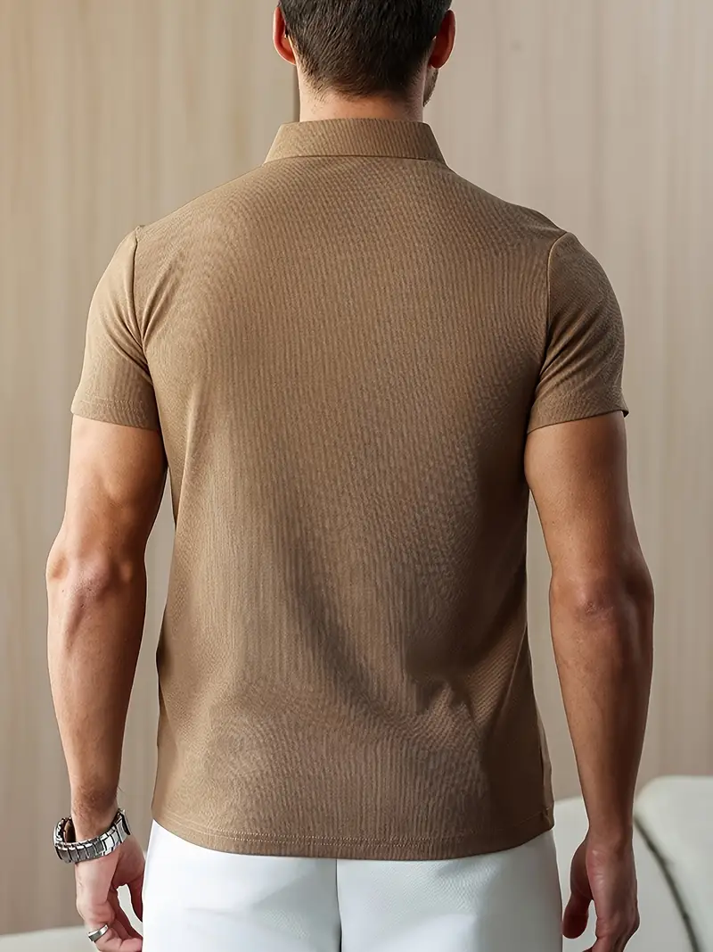 mens summer shirt solid color casual short sleeve with button collar lightweight polyester for sports outdoor leisure activities casual summer wear knitted weave details 1