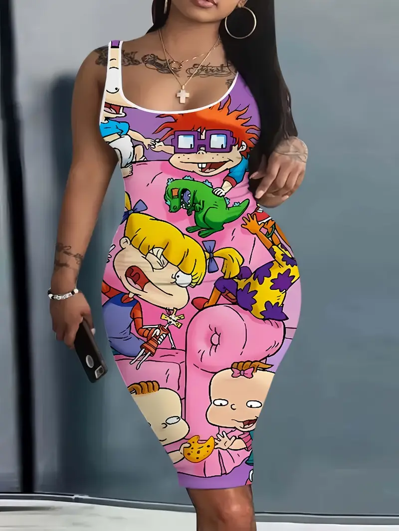 cartoon bodycon dress Hello Kitty and Friends Cartoon Print Drawstring Side Bodycon Dress Large NWT