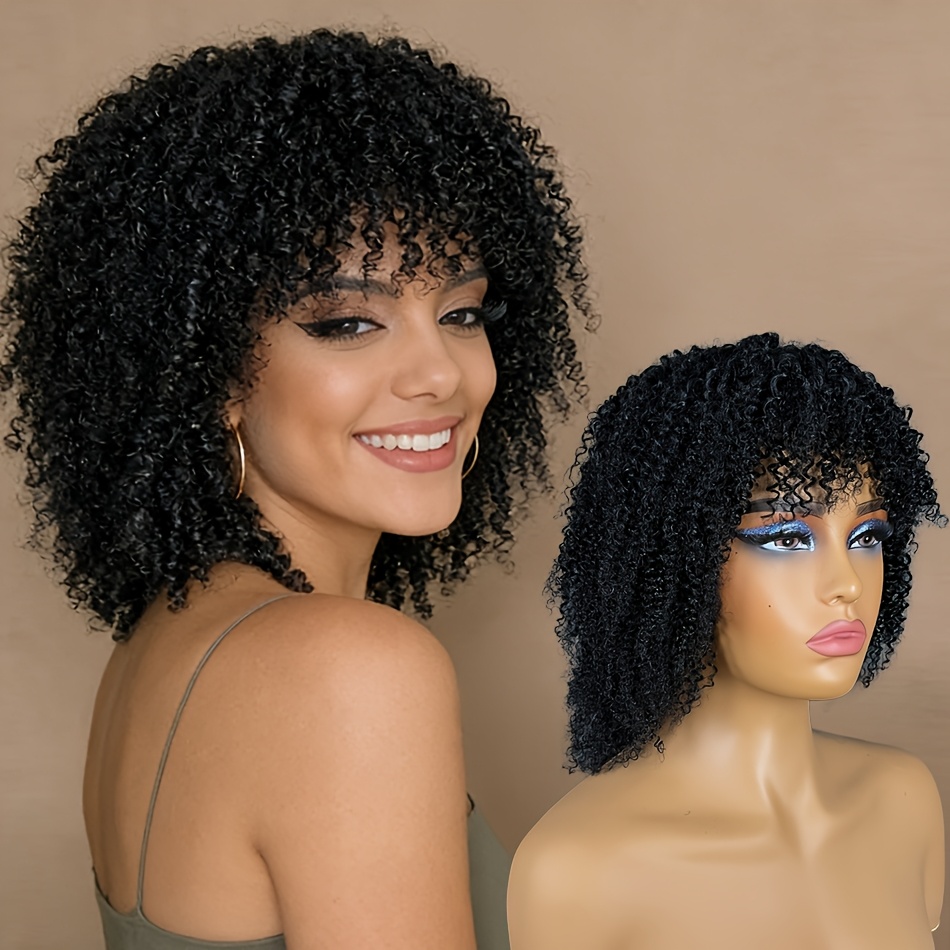 Image of 14-inch Human Hair Wigs Featuring Curly Bangs And A (machine-made), With 180% Density, Use, Parties, Holidays, And Music Festivals, Ideal For All Types Of Celebrations