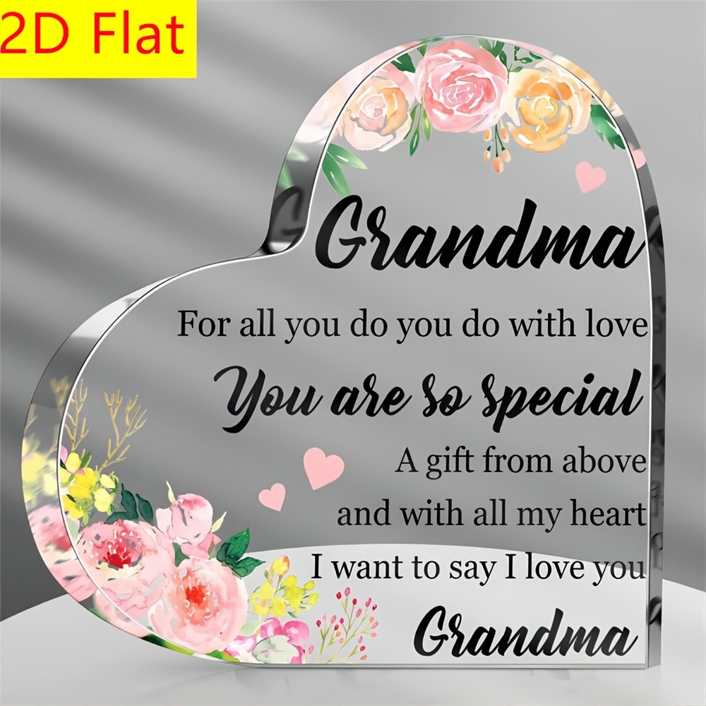 TEMU 2d Flat, Heart-shaped Grandma Acrylic Plaque, Grandma Birthday Gift, Gift, I Love You Grandma From Grandchildren, Exquisite Floral Keepsake,