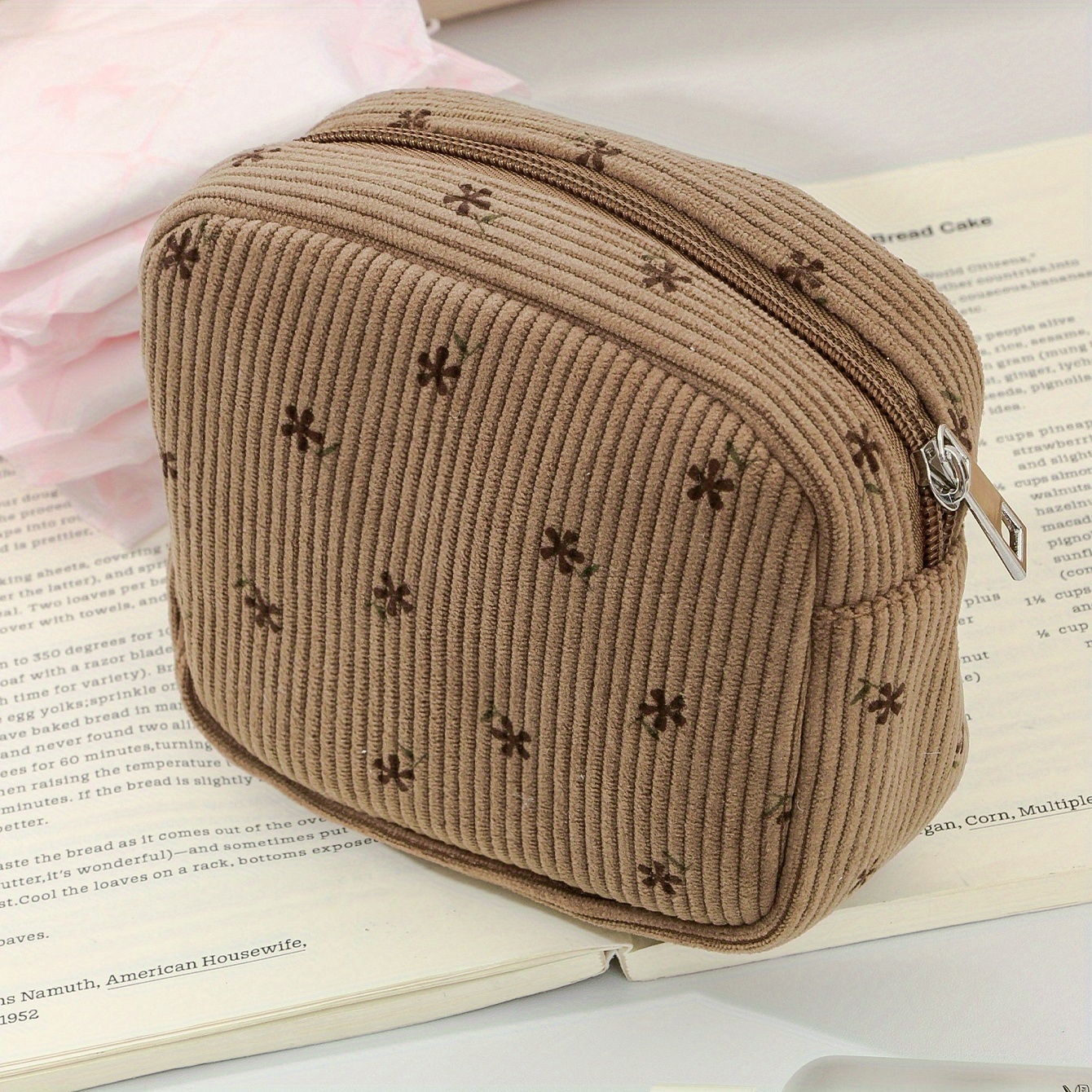 TEMU Corduroy Brown Floral Quilted Octagonal Cosmetic Bag, Square Sanitary Napkin Storage Bag, Large Capacity Portable Travel Cosmetic Storage Bag,
